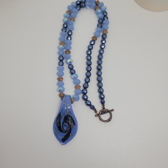 28" Czech Glass/AB Glass Blue and Wood Colored Beads with Lampwork Glass Pendant - Picture 2 of 4